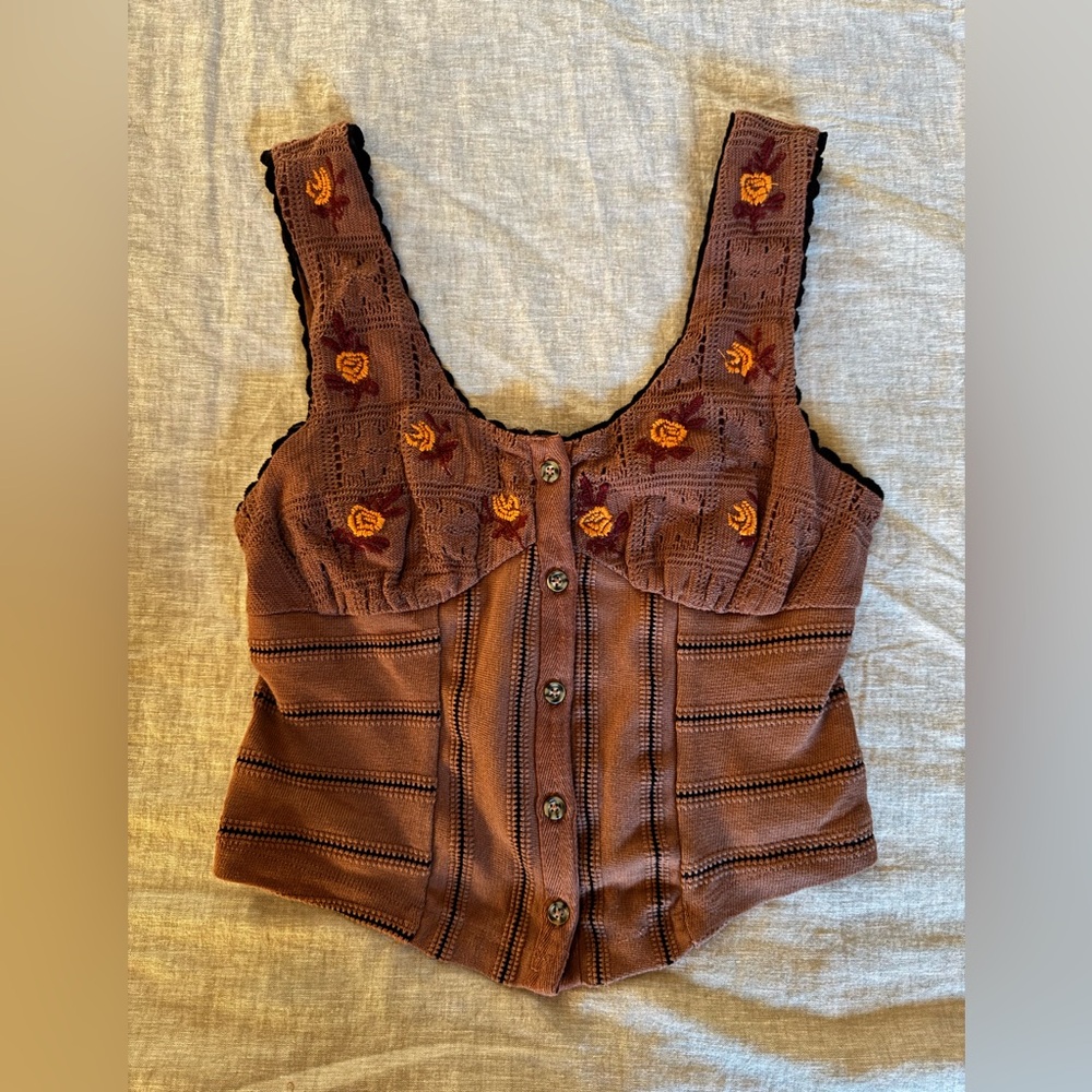 Free People Brown Knit Crop Button up Top
